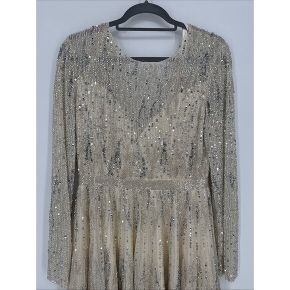 Mac Duggal Size 8 5923 Nude Silver Long Sleeve Embellished Cocktail Dress $498 - Picture 11 of 16